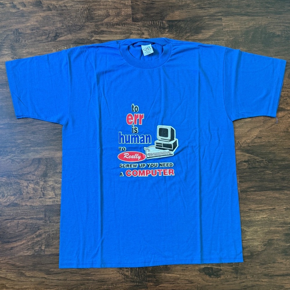 Vintage 80s Computer Tech Tee Funny Slogan Blue T-Shirt 50/50 Blend‎ L/XL